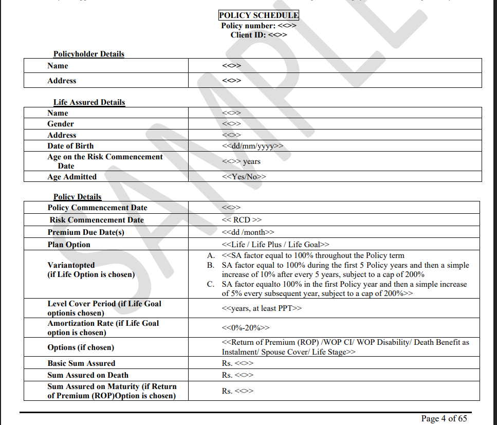 A sample term insurance policy document with personal details.