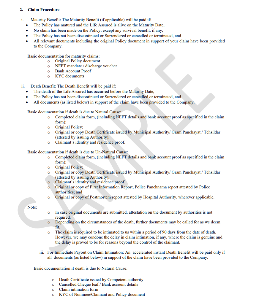 Sample claim form with timelines