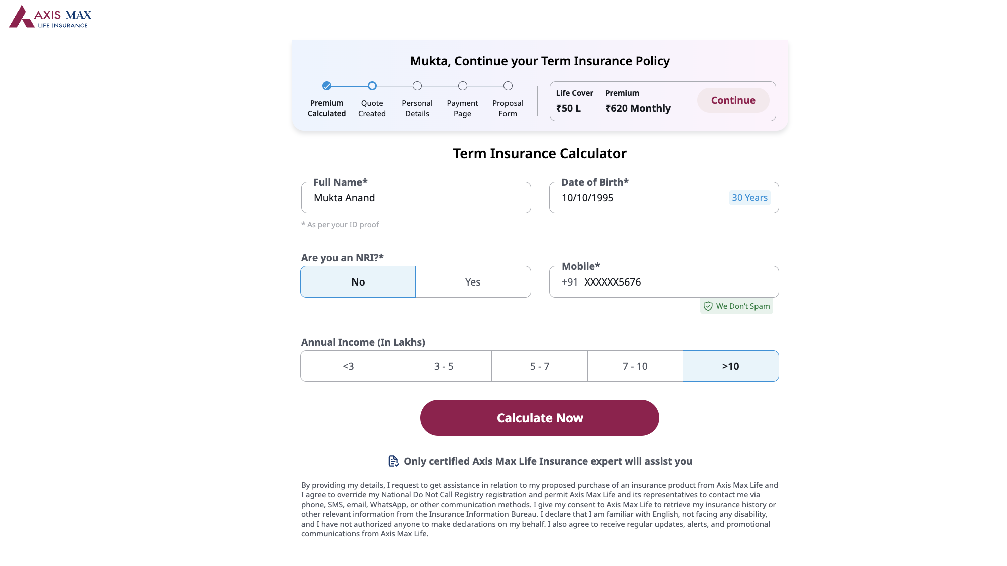 Axis Term Insurance Calculator