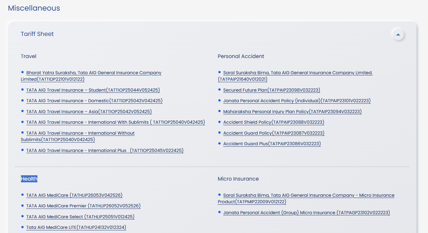 TATA AIG Premium Rate Chart