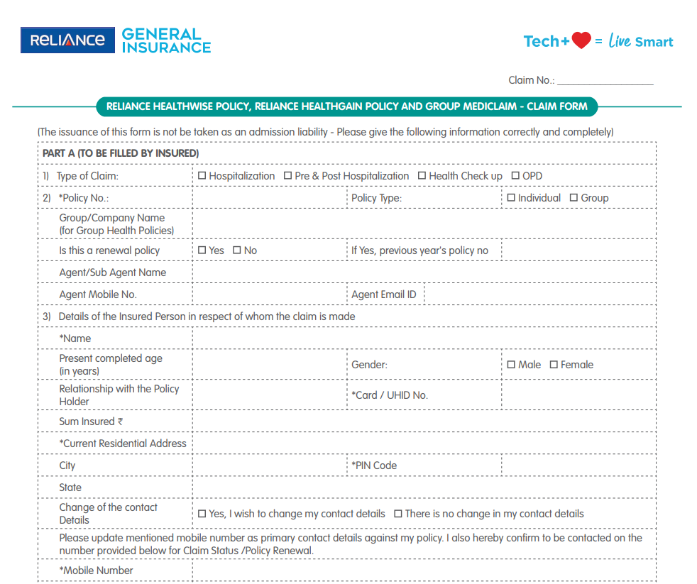 Reliance General Health Insurance Claim Process/Form/Reimbursement
