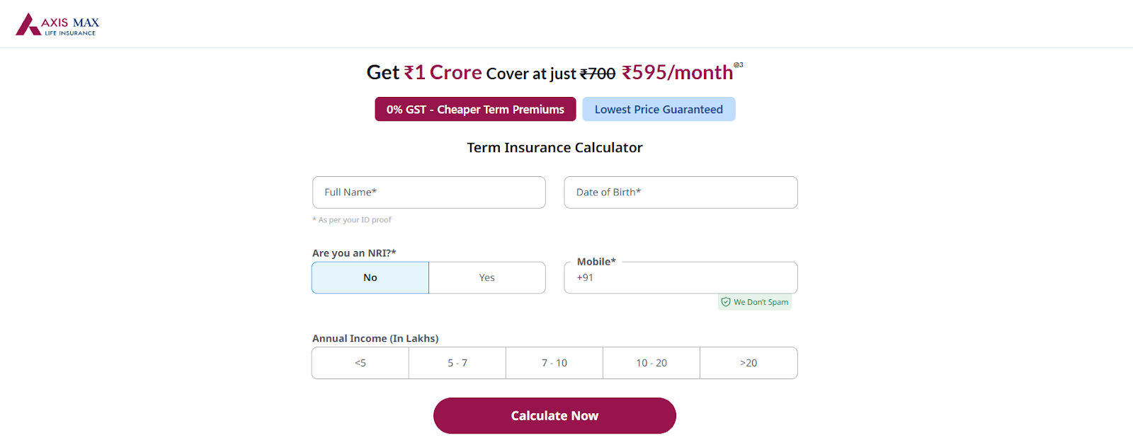 Axis Max Life term insurance calculator