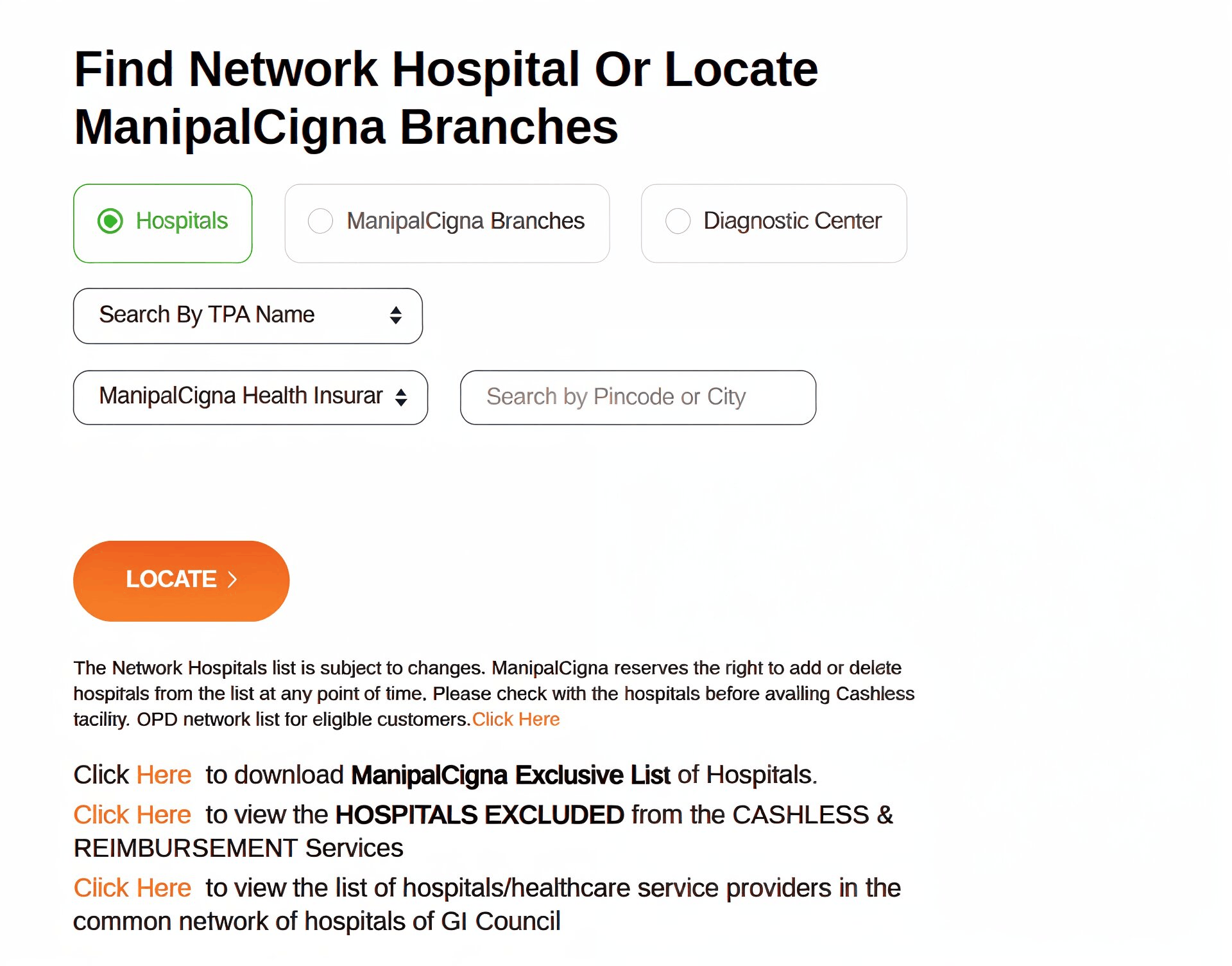 ManipalCigna health insurance hospital list