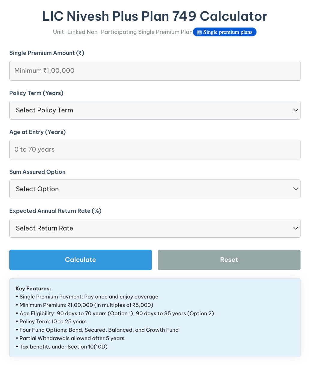 LIC Nivesh Plus Returns Calculator