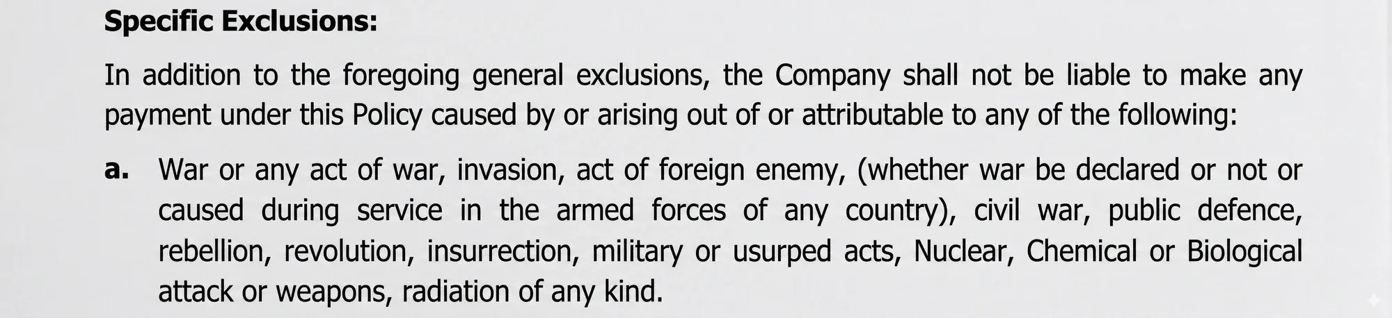 Policy exclusion clause showing war, invasion, rebellion, nuclear, chemical, biological attacks, and radiation-related exclusions.