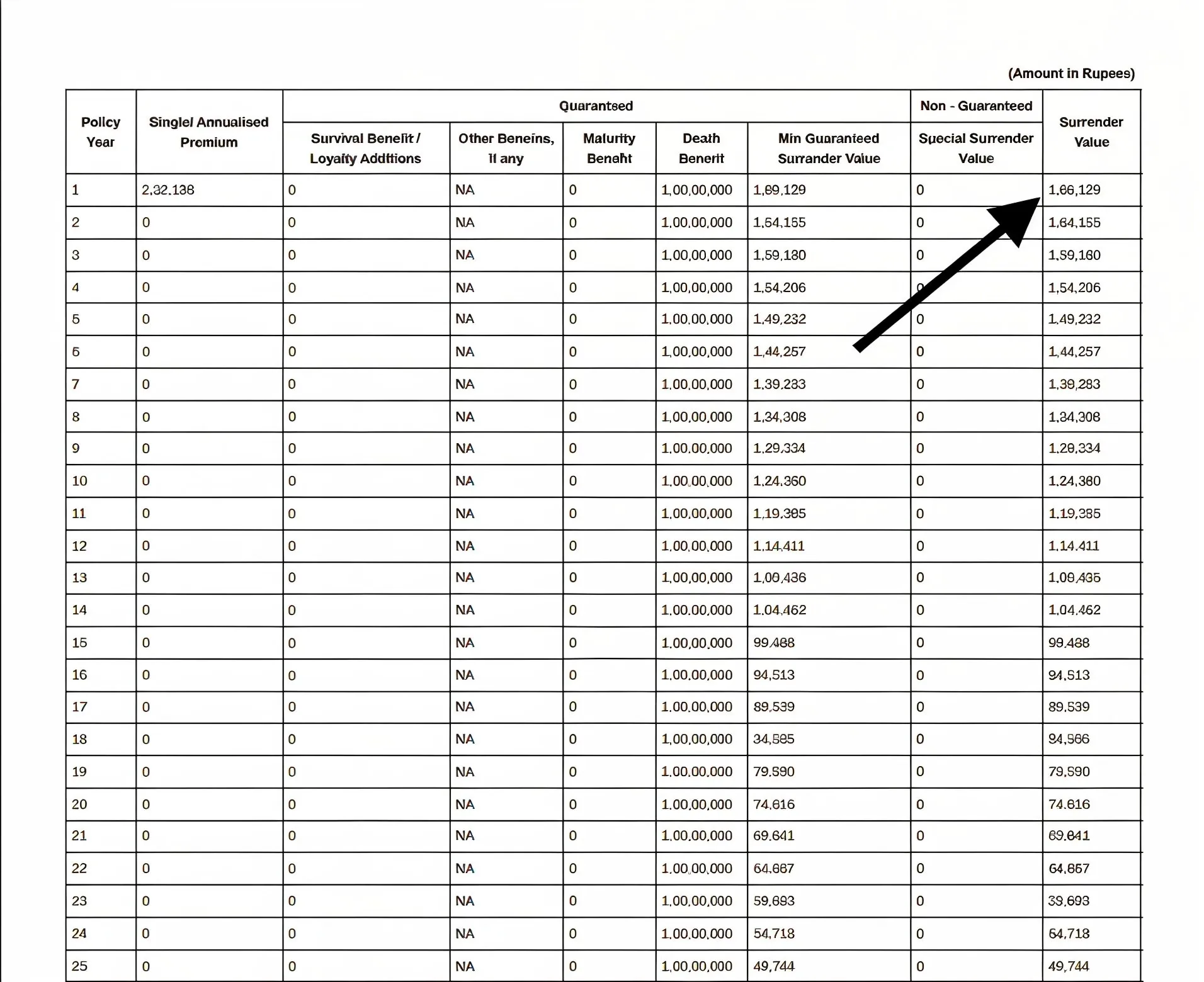Single premium term insurance surrender values showing guaranteed refund amounts declining over policy years. 