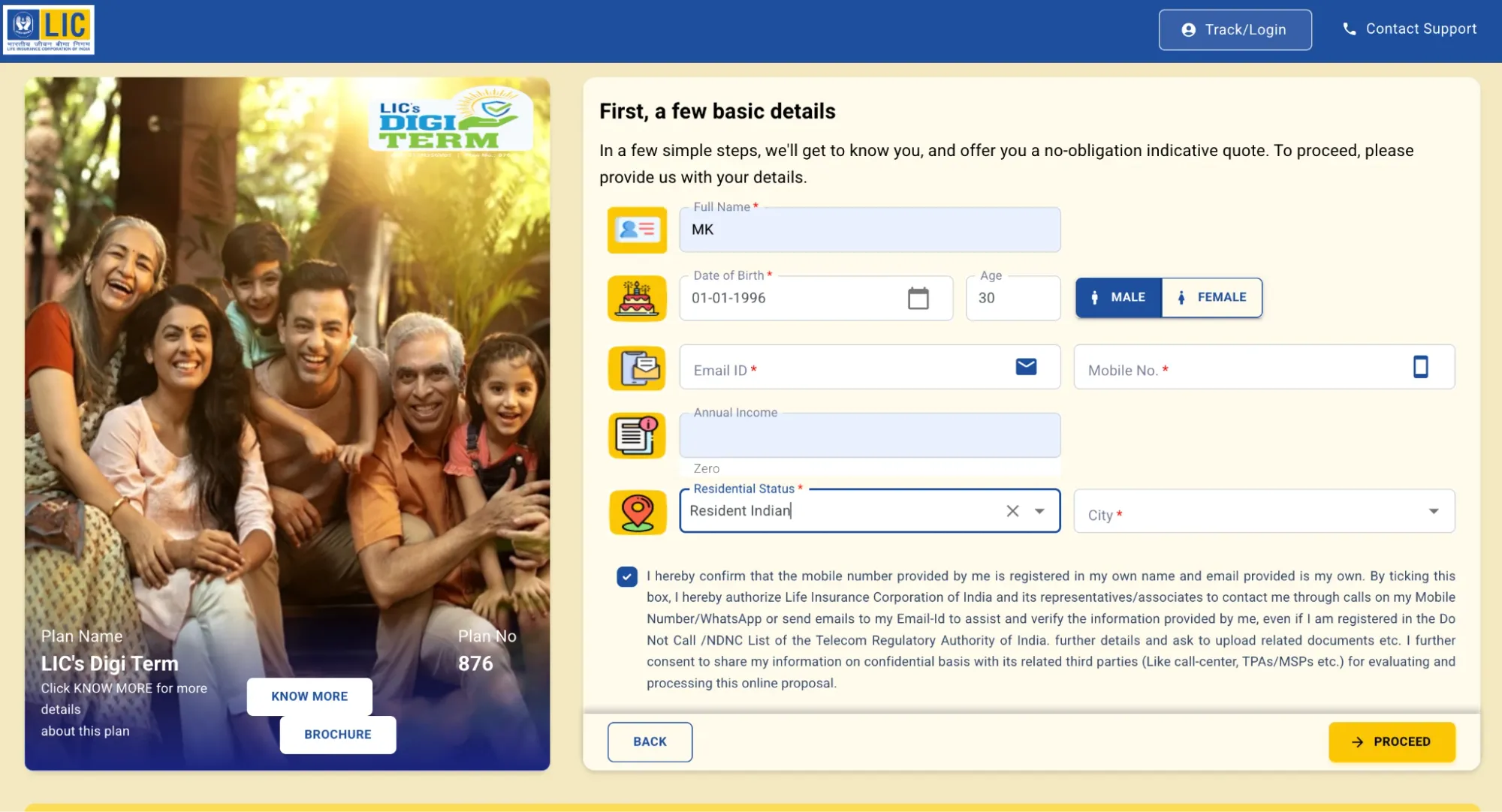 LIC term plan calculator page showing personal details entry fields to calculate premium estimates online.