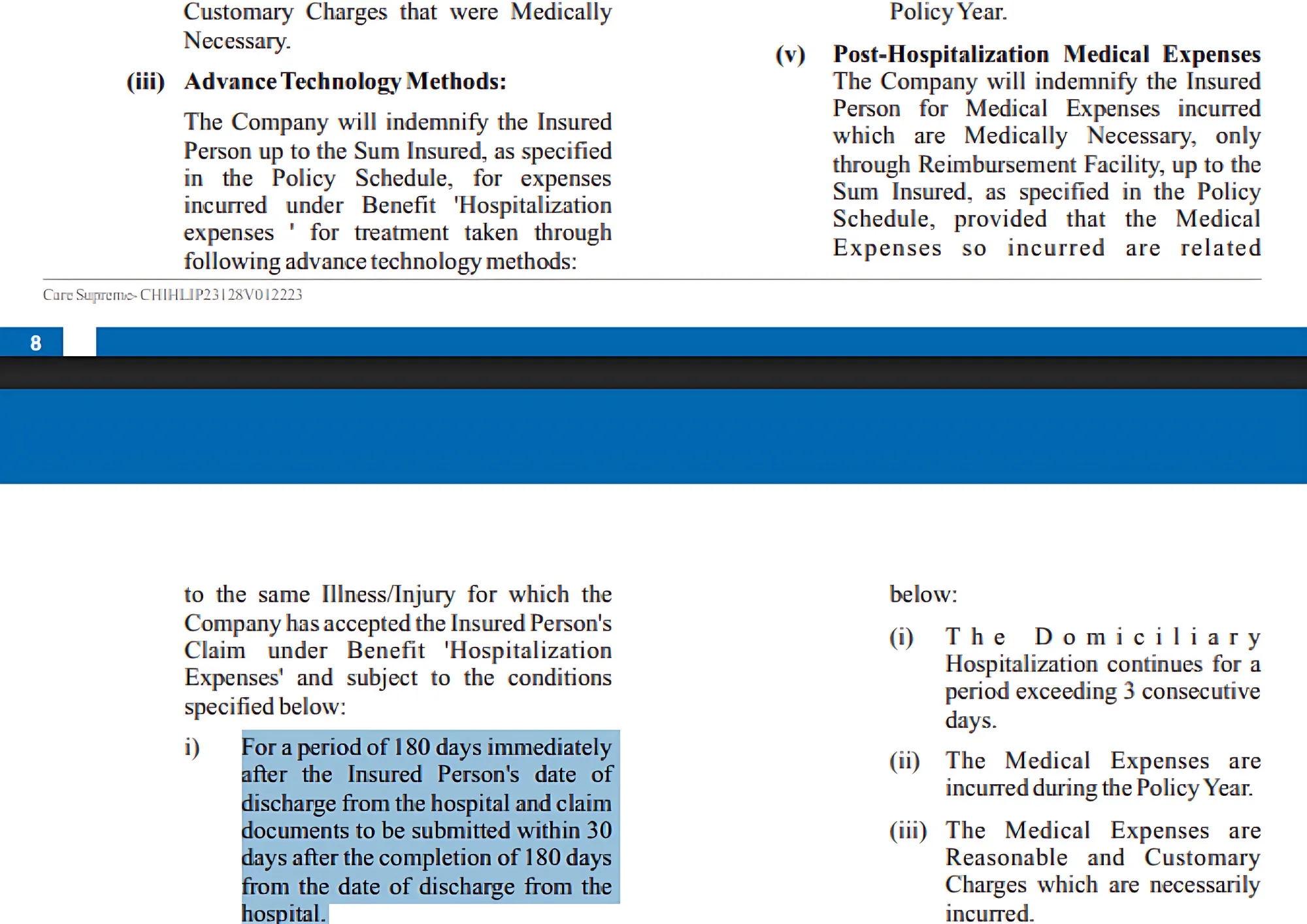 Health insurance reimbursement claim policy wording showing timelines for submitting hospitalization and post-hospitalization claims.