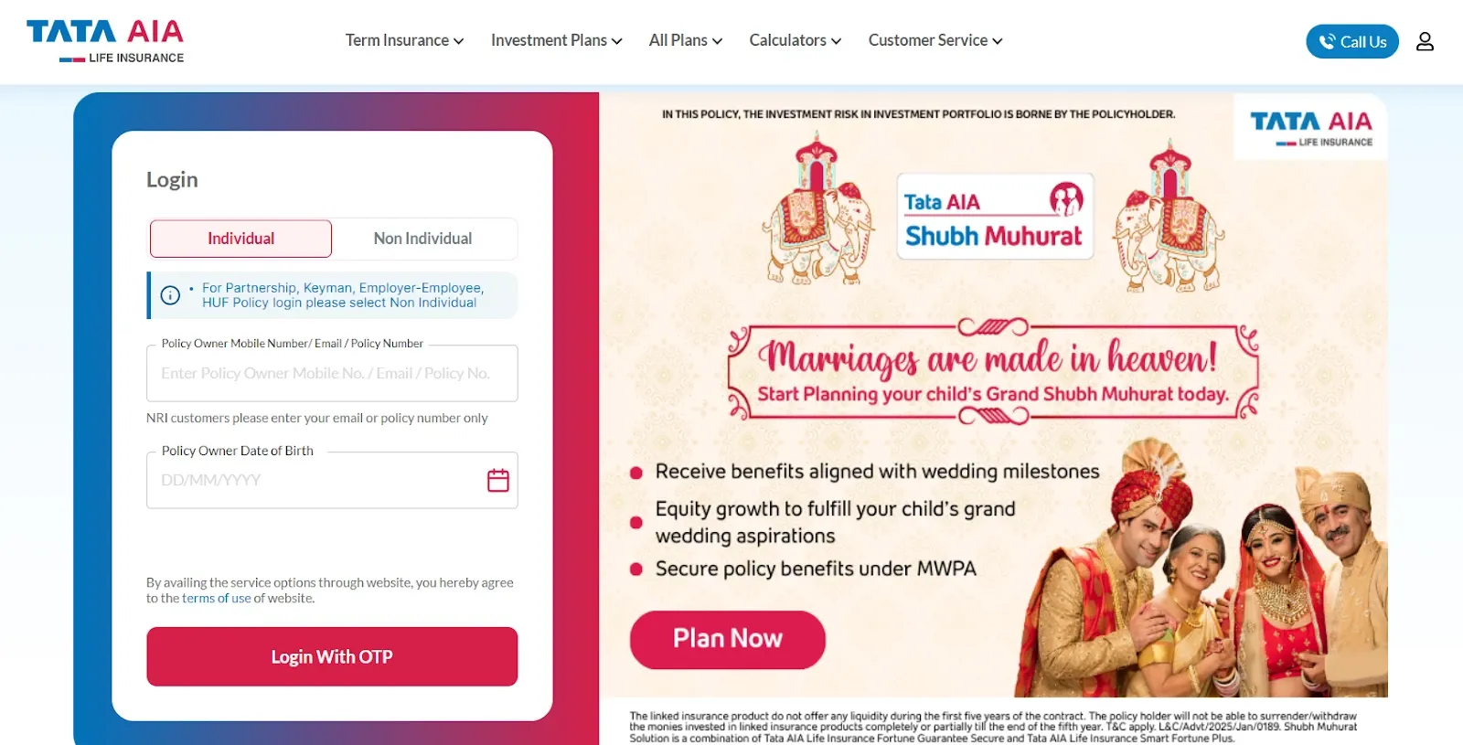 Tata AIA customer portal login page showing individual policy access options with mobile number, email, policy number, and date of birth fields.