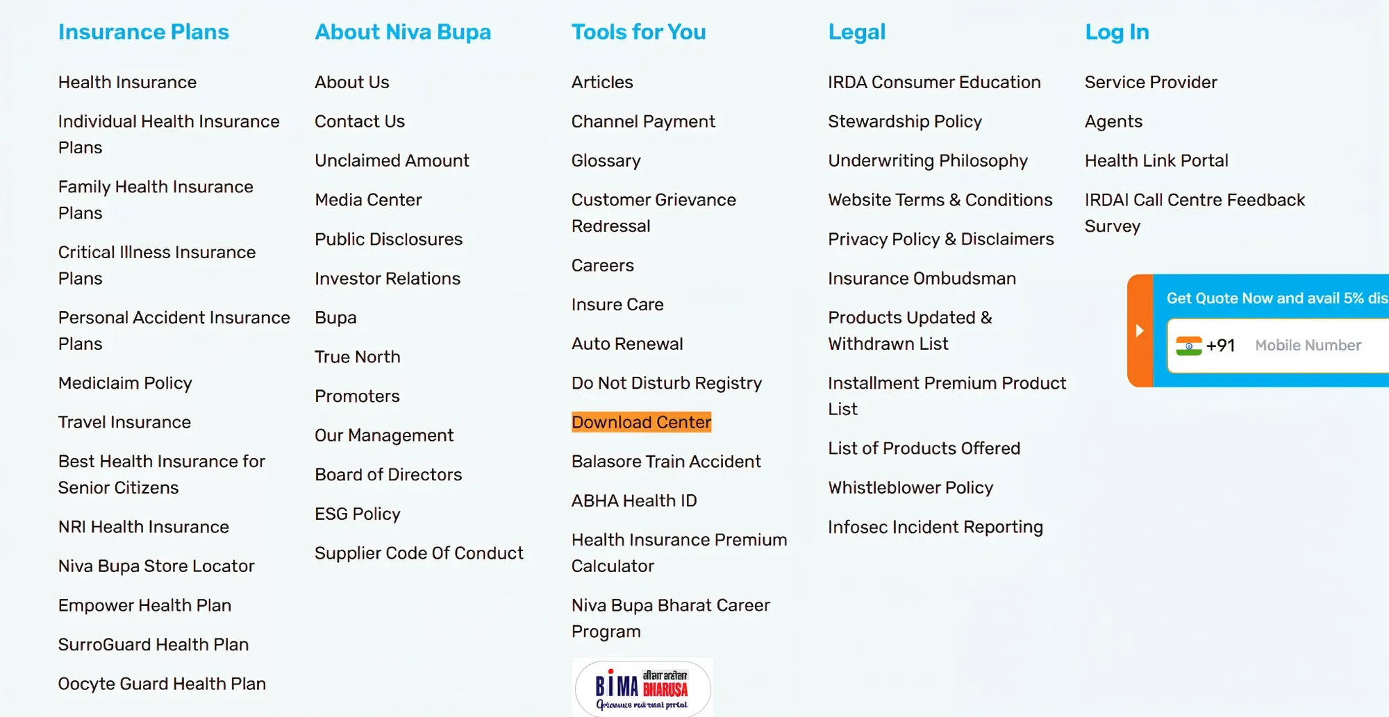 Niva Bupa website footer showing the Download Center under Tools for You, along with health insurance plans and support links.
