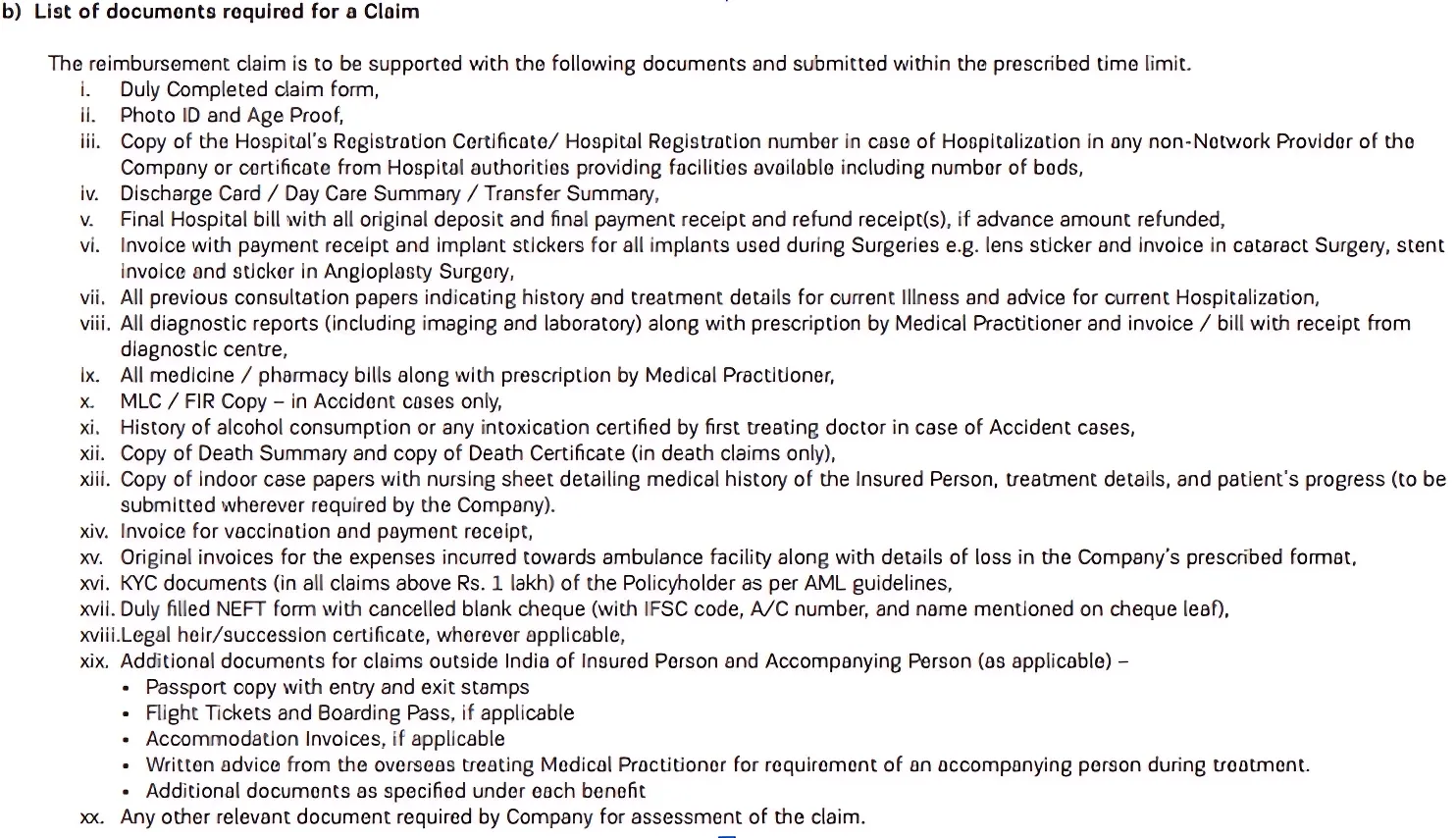Health insurance claim documents including hospital records, bills, medical reports, KYC, payment details, accident and overseas treatment papers.