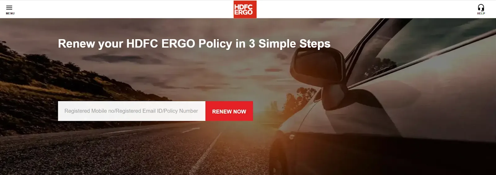 HDFC ERGO policy renewal page showing the renewal link and fields for registered mobile number, email ID, or policy number. 