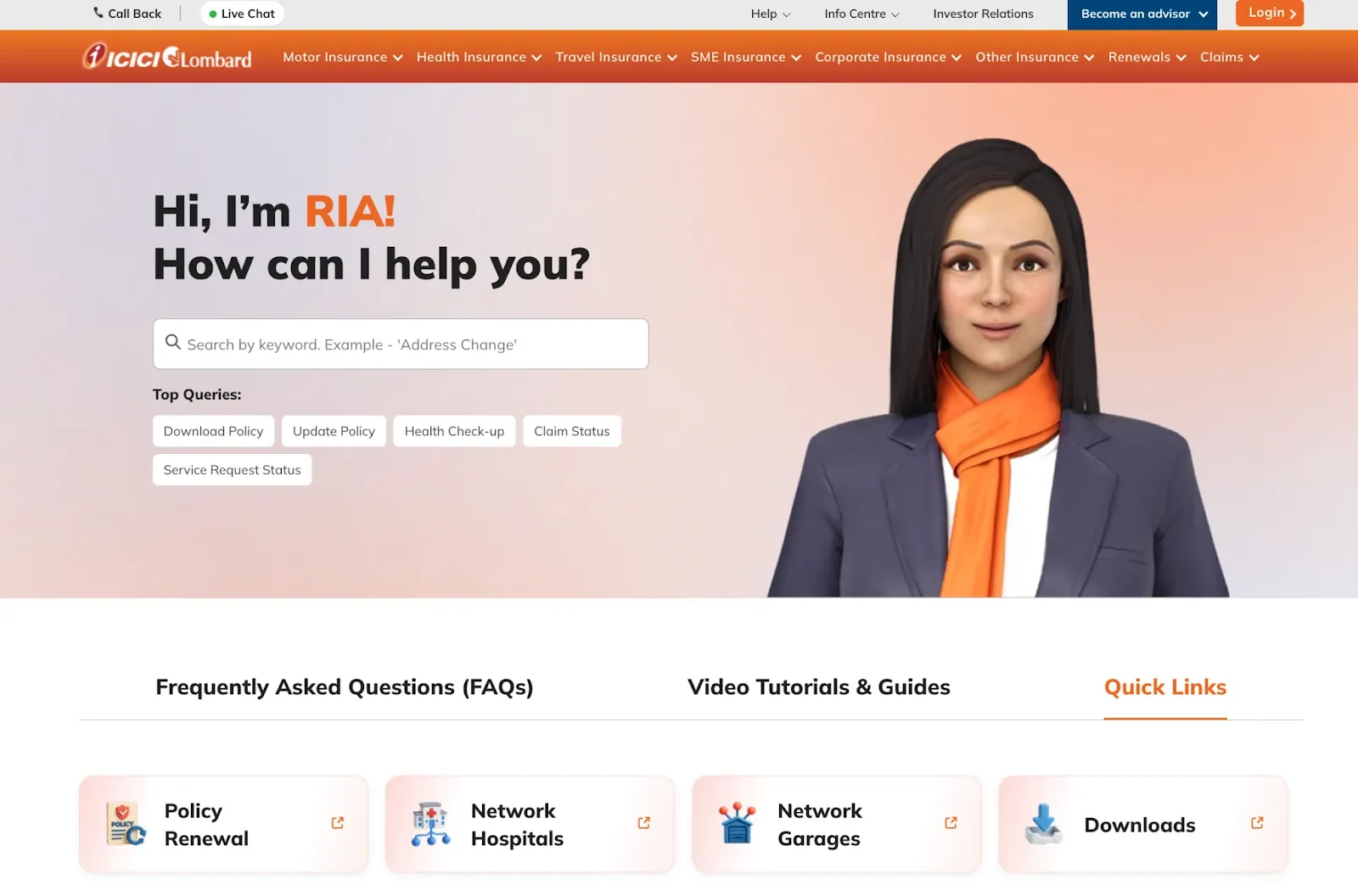 ICICI Lombard customer care page featuring RIA digital assistant, policy services, FAQs, and quick links for customer support.
