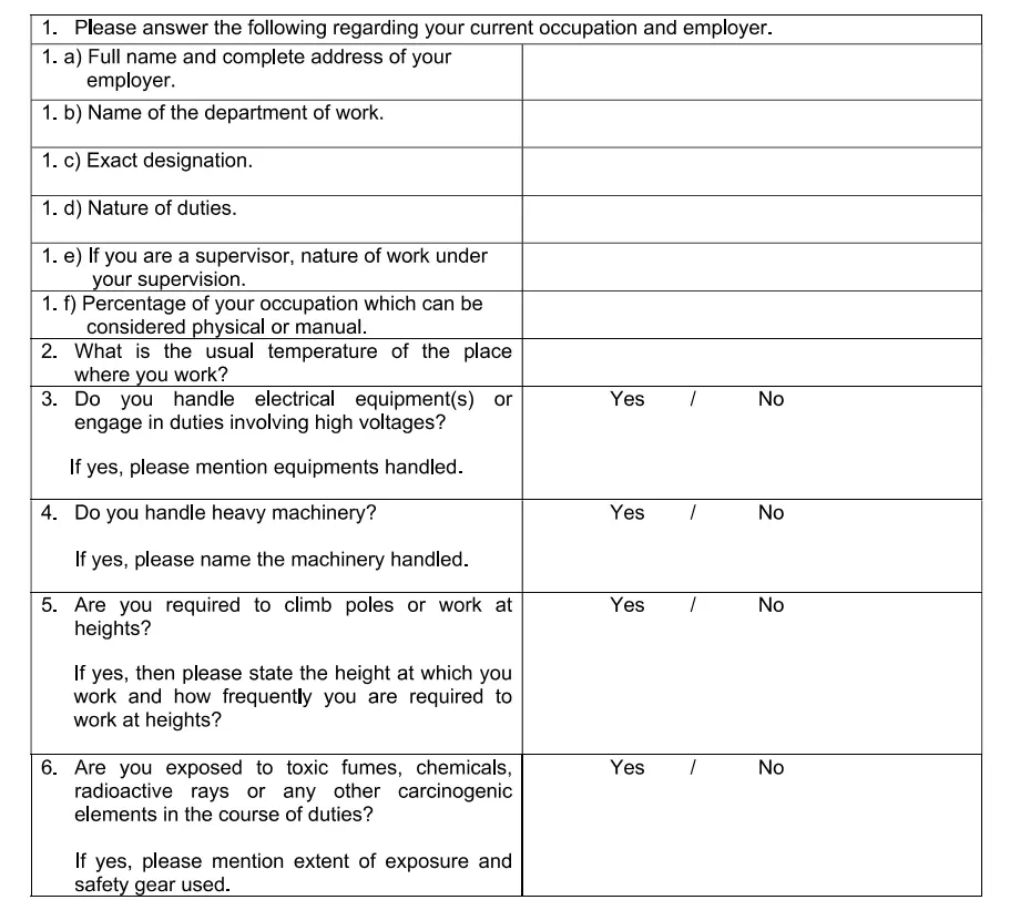 HDFC Life Occupational Questionnaire