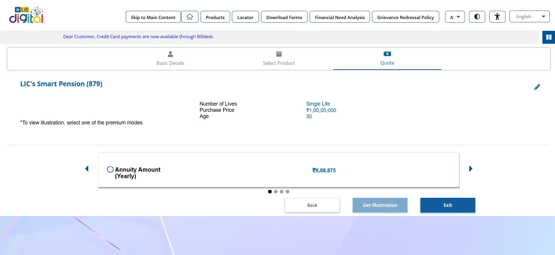 Enter the purchase price, choose the annuity option, annuity type, and click “Quote” for output