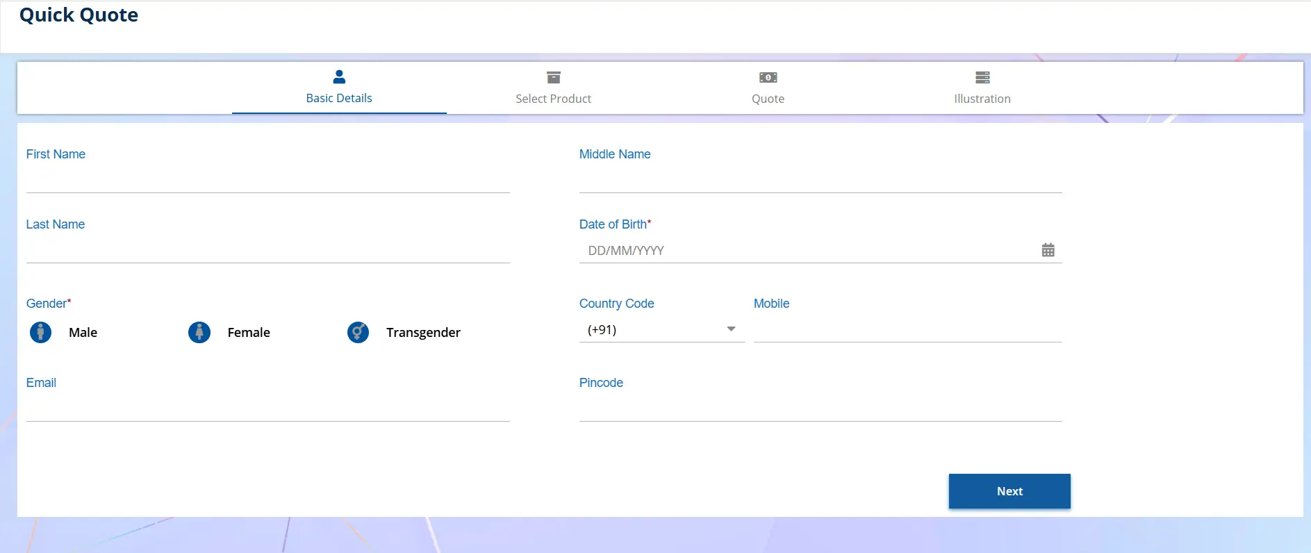 Enter details like your name, gender, mobile number and click “Next” and “Quick Quote”