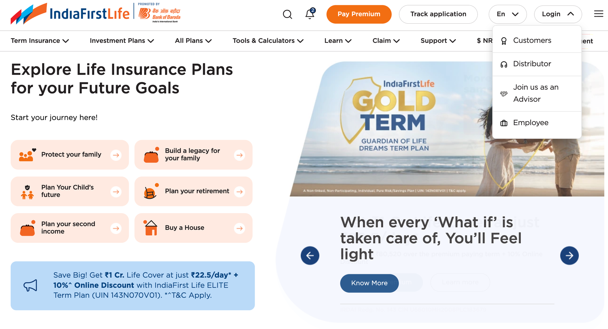 Visit the IndiaFirst Life website, click “Login” in the top-right corner, and select “Customers” to access the customer portal.