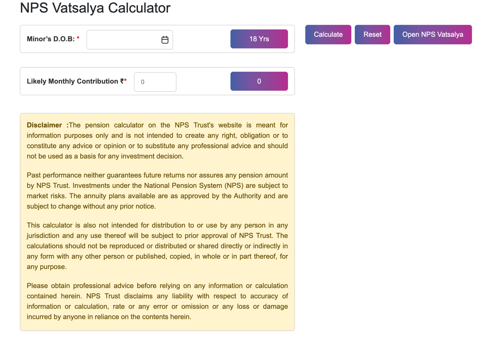 NPS Vatsalya Calculator screen for entering the minor’s date of birth and contribution.
