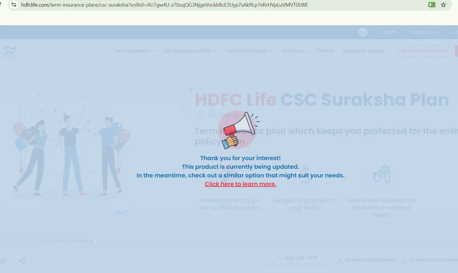 HDFC Life CSC Suraksha Plan page states the product is currently being updated and directs users to a similar option like Click 2 Protect Supreme Plus.
