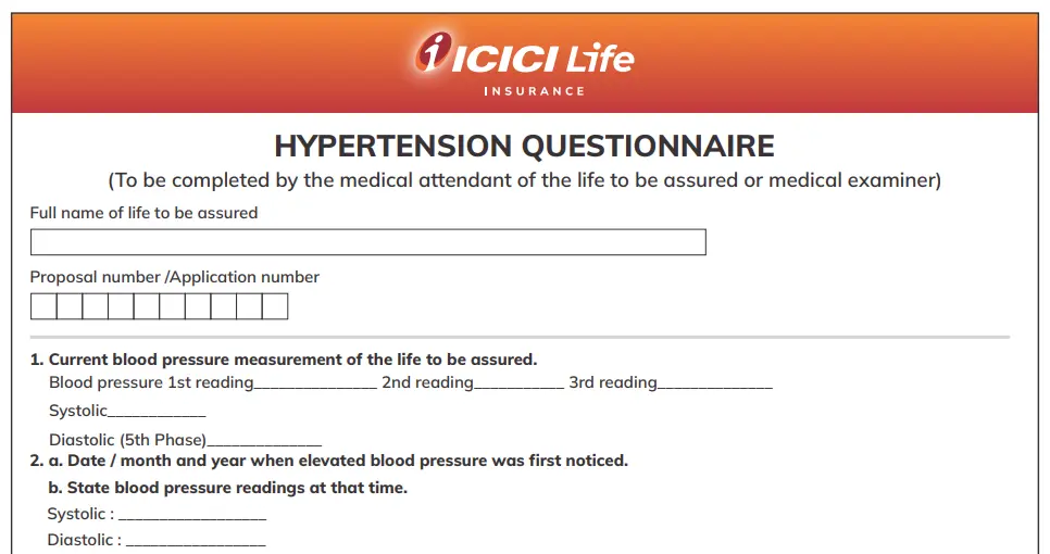 Hypertension questionnaire records current blood pressure readings and when elevated blood pressure was first noticed.