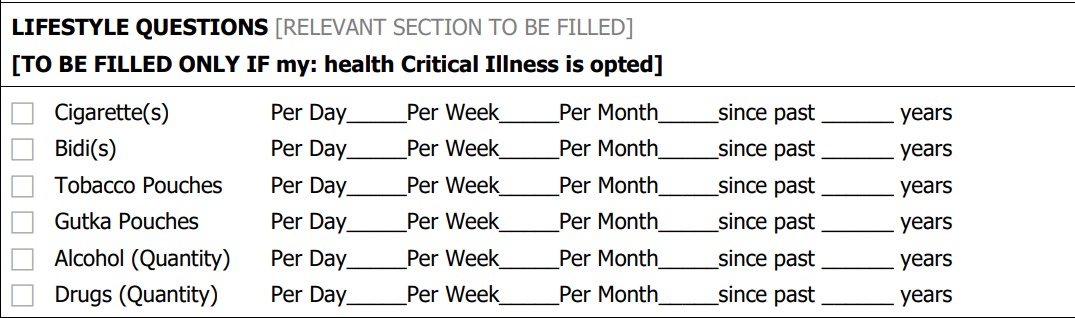 Lifestyle disclosure section of Health insurance proposal form