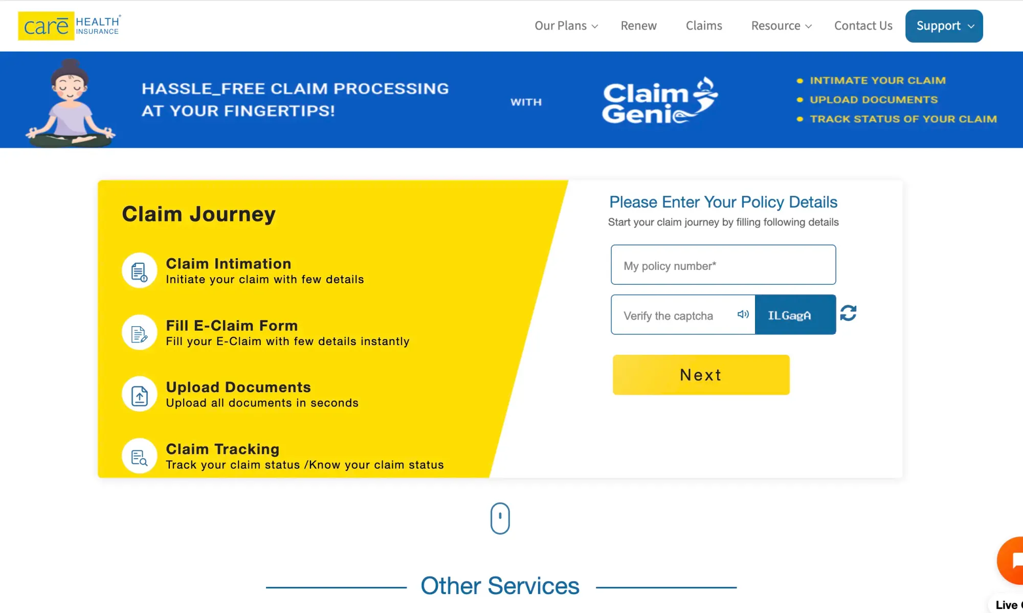 Care Health Insurance's Claim Genie lets policyholders initiate claims, fill out an e-claim form, upload documents, and track claim status.