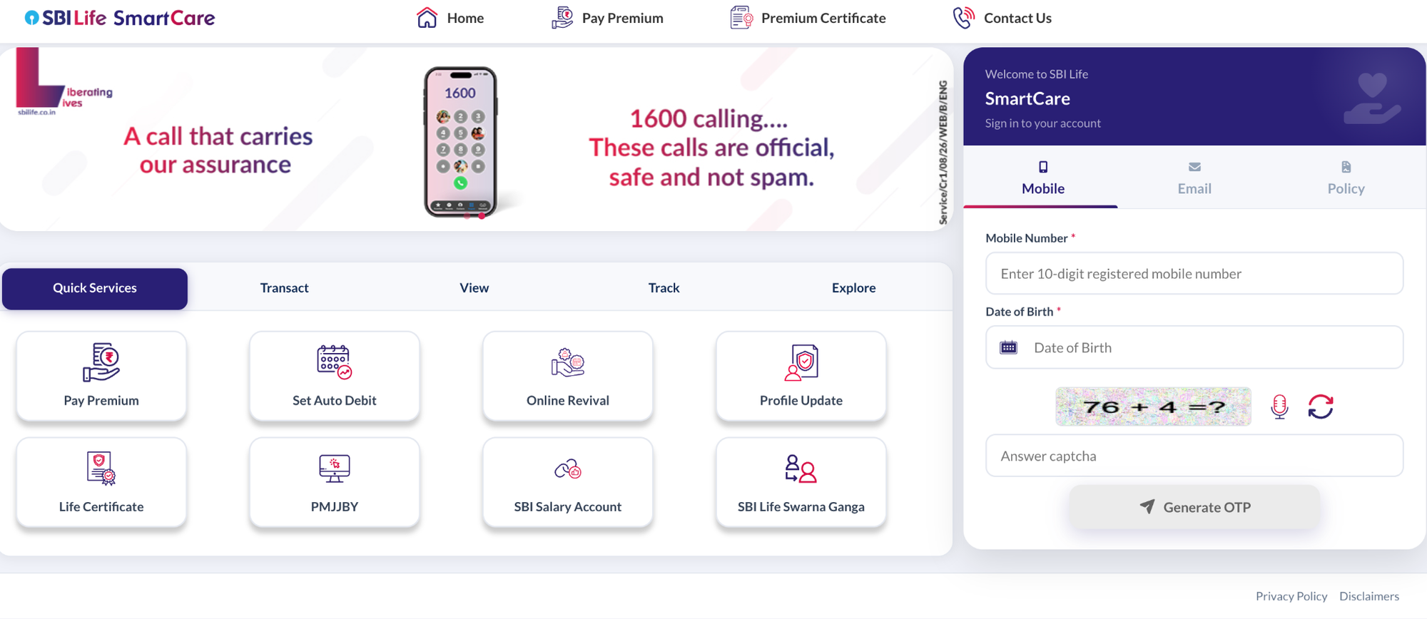 SBI Life SmartCare login page showing mobile, email, policy login options and quick services.