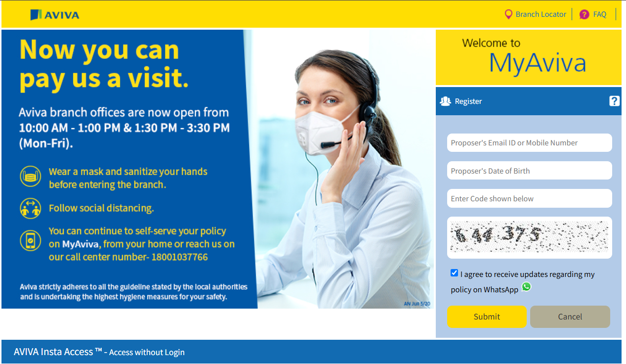 Aviva’s MyAviva registration page displays fields for the proposer’s email ID or mobile number, date of birth, and CAPTCHA, along with a submit button.