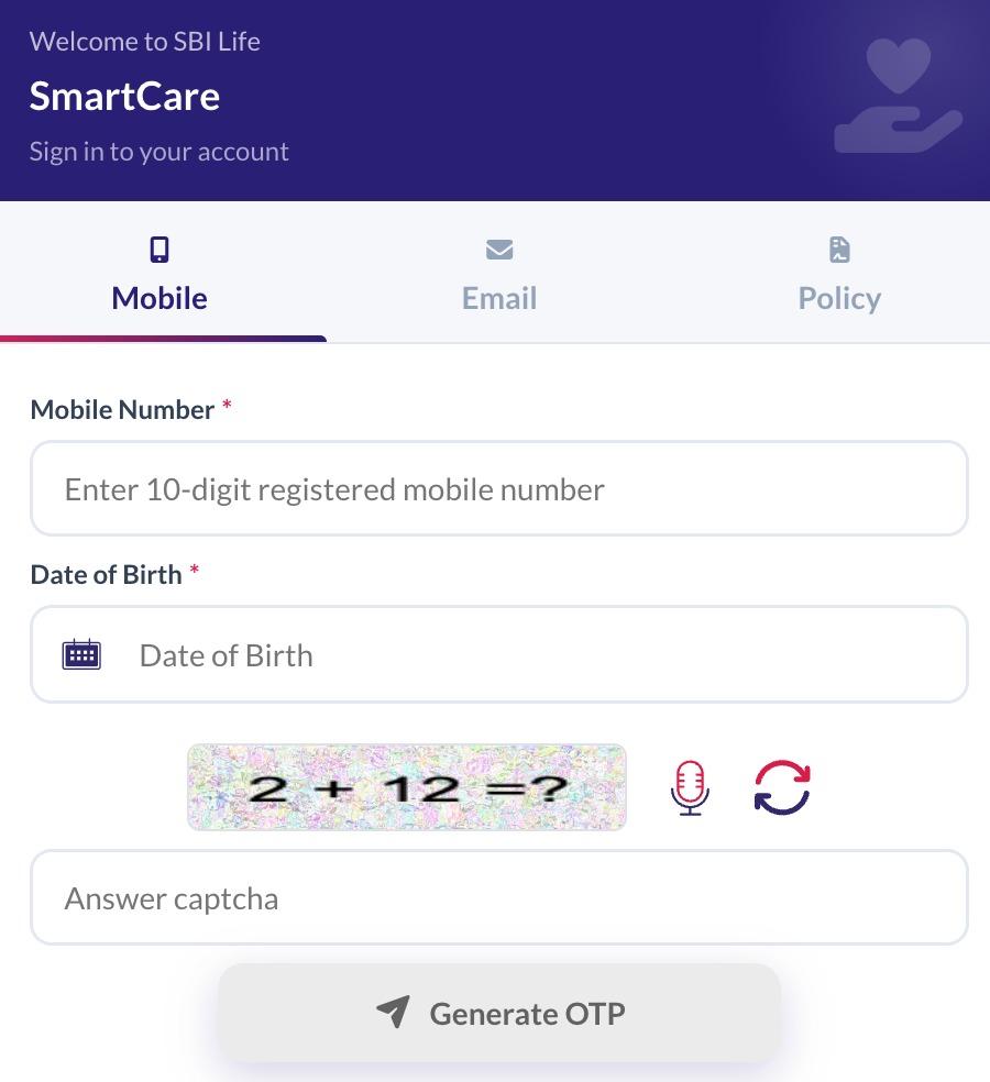 SBI Life Insurance login with a registered mobile number requires your DOB, CAPTCHA, and OTP.