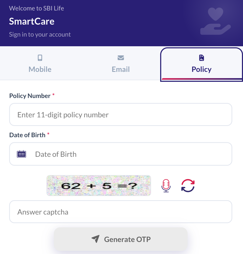 SBI Life Insurance login with policy number requires your policy number, date of birth, CAPTCHA, and OTP.