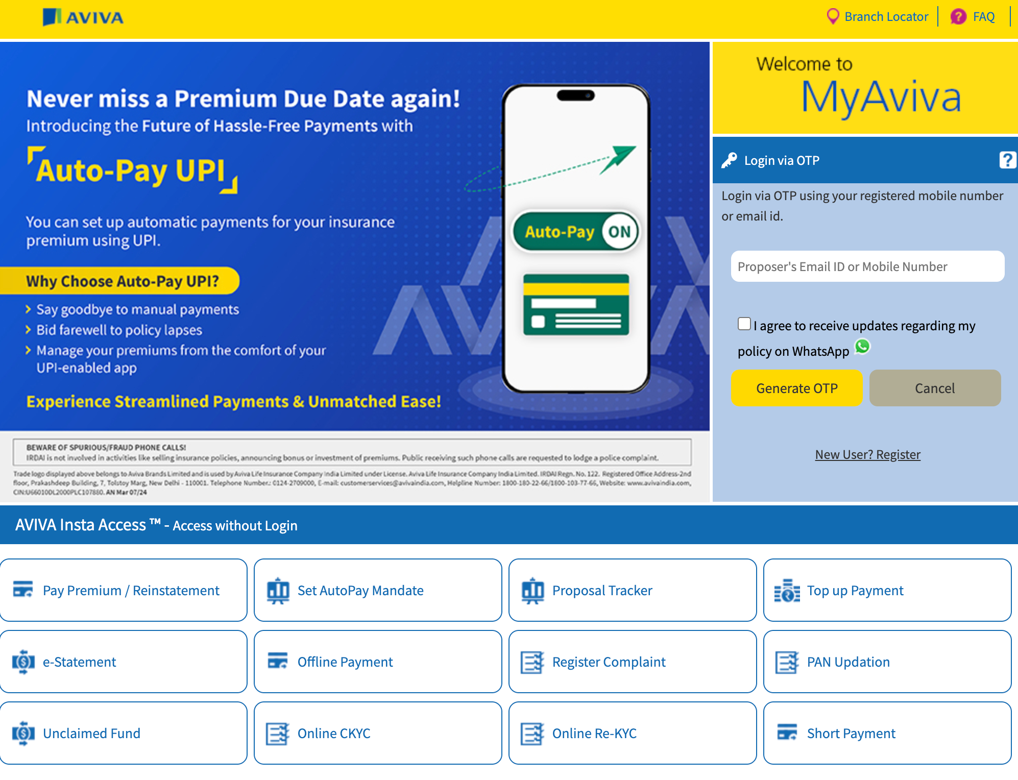 Aviva MyAviva login portal showing OTP access, Insta Access, premium payment, and policy services.